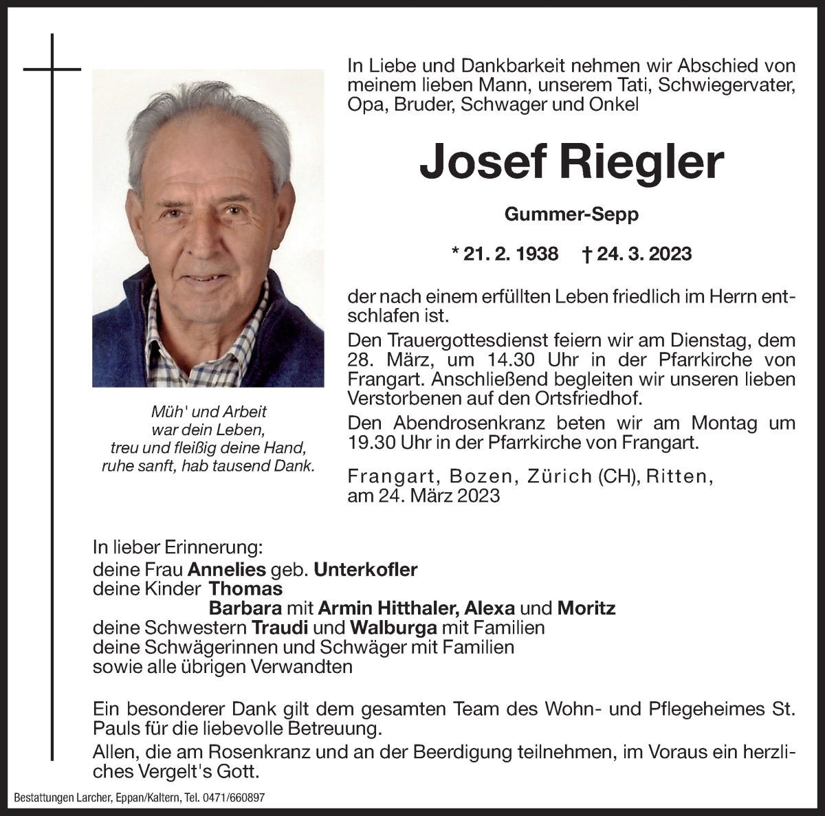  Traueranzeige für Josef Riegler vom 25.03.2023 aus Dolomiten