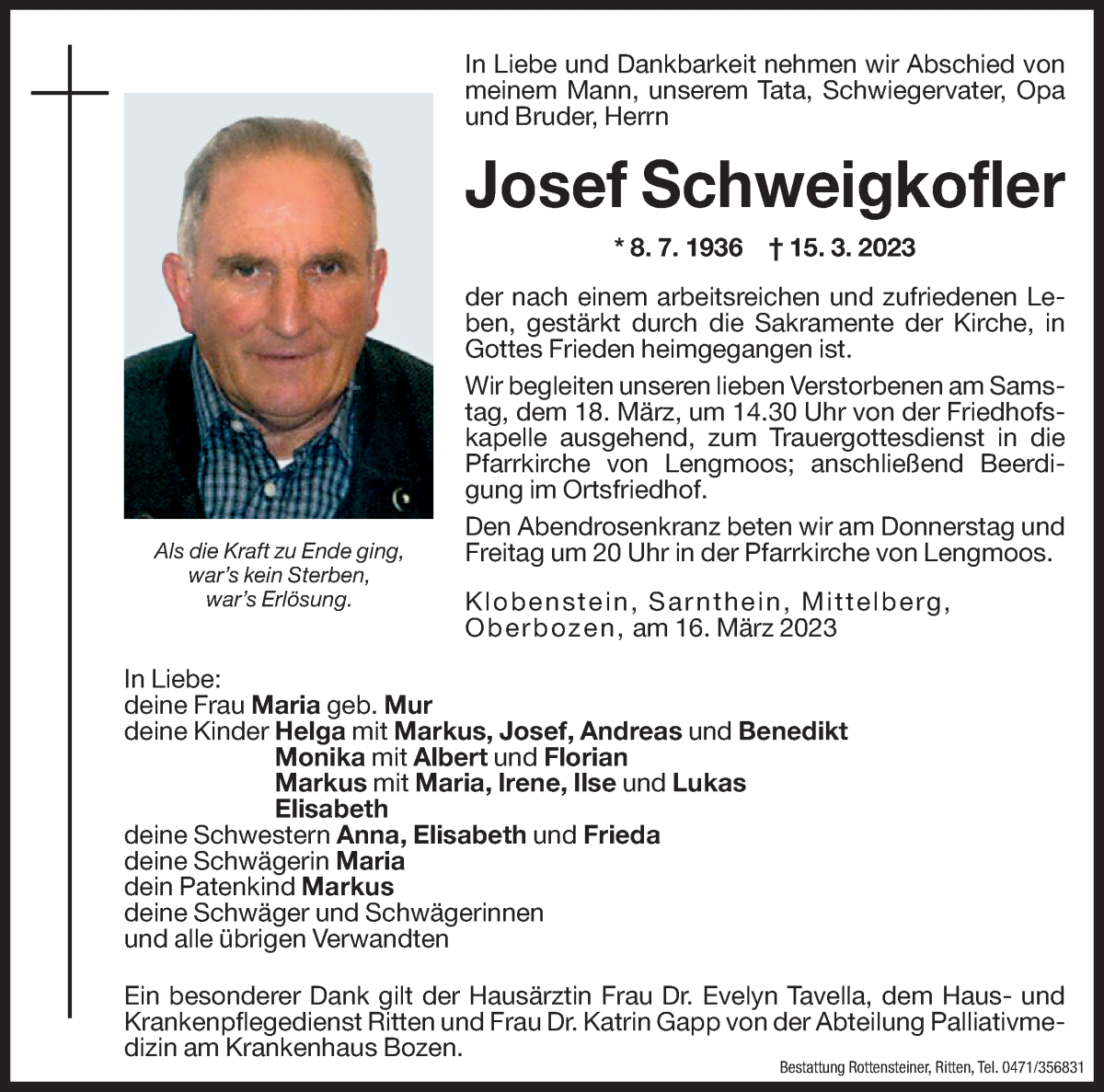  Traueranzeige für Josef Schweigkofler vom 16.03.2023 aus Dolomiten