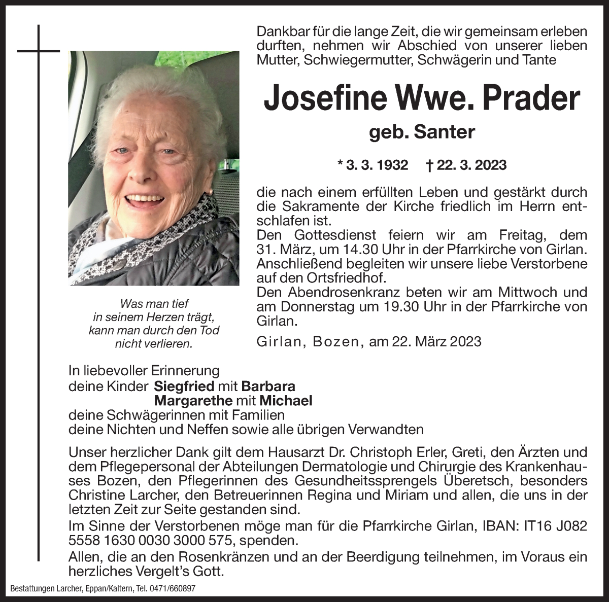  Traueranzeige für Josefine Prader vom 28.03.2023 aus Dolomiten