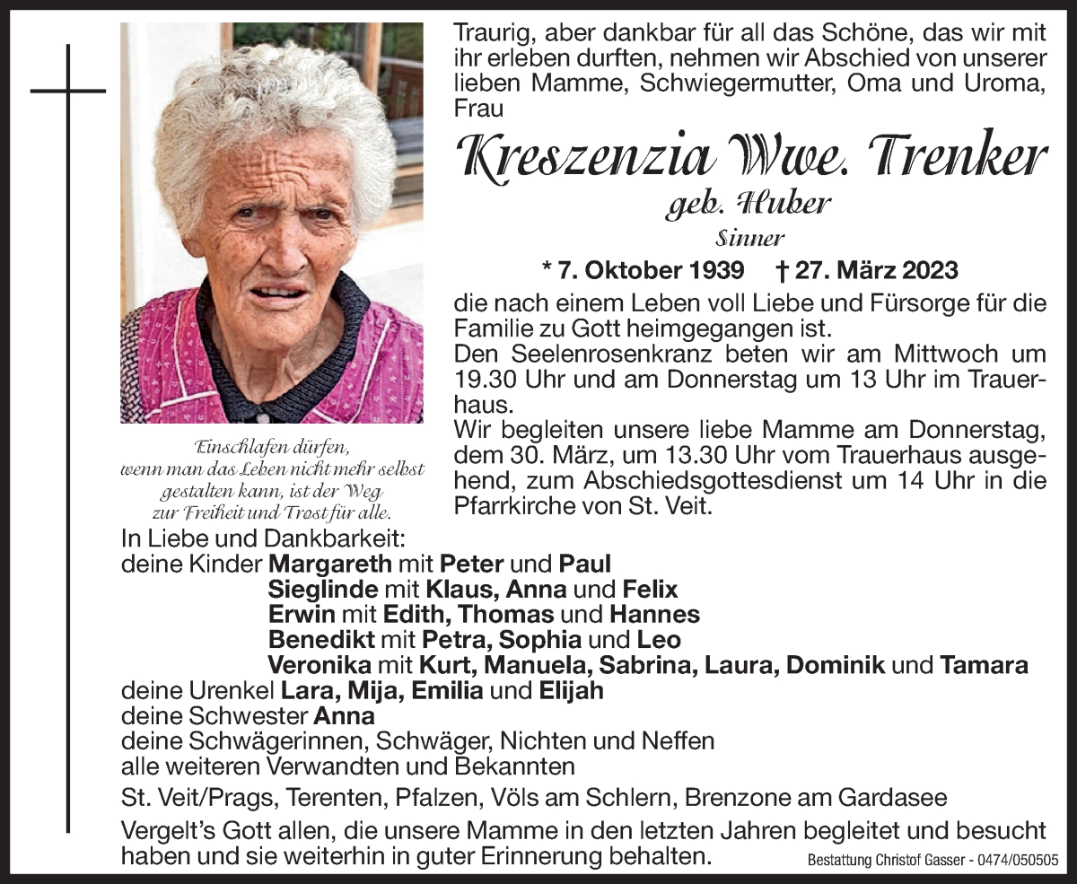  Traueranzeige für Kreszenzia Trenker vom 29.03.2023 aus Dolomiten