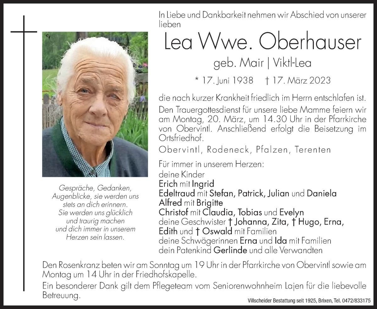  Traueranzeige für Lea Oberhauser vom 18.03.2023 aus Dolomiten