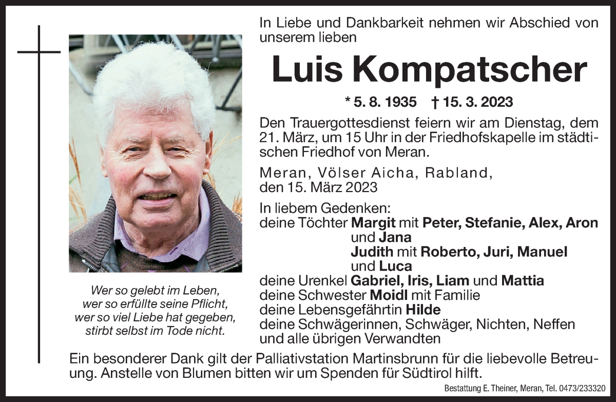  Traueranzeige für Luis Kompatscher vom 17.03.2023 aus Dolomiten