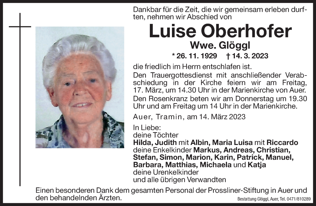  Traueranzeige für Luise Glöggl vom 15.03.2023 aus Dolomiten