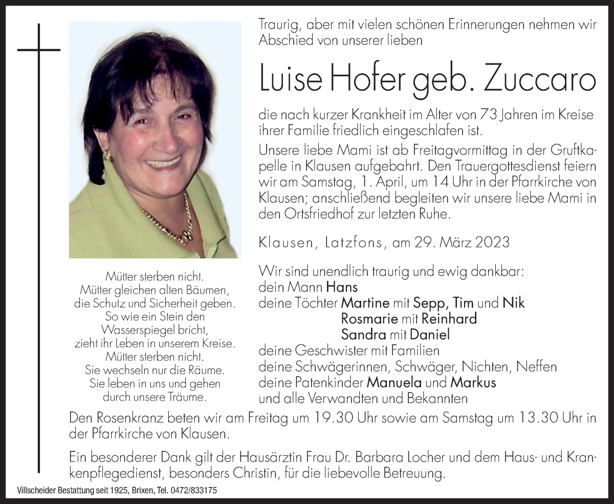  Traueranzeige für Luise Hofer vom 31.03.2023 aus Dolomiten