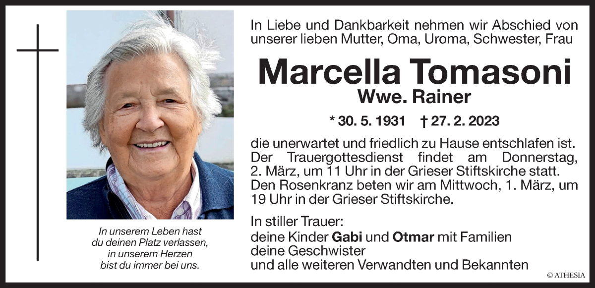  Traueranzeige für Marcella Rainer vom 01.03.2023 aus Dolomiten