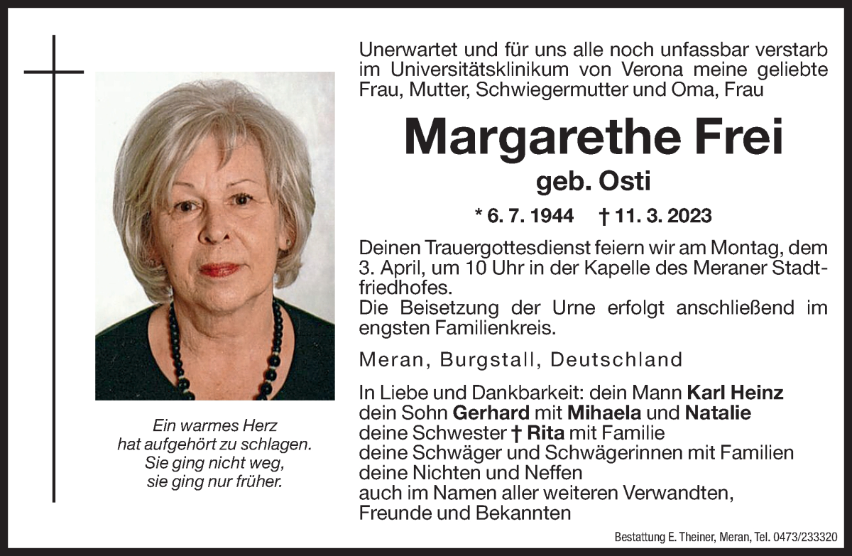  Traueranzeige für Margarethe Frei vom 31.03.2023 aus Dolomiten