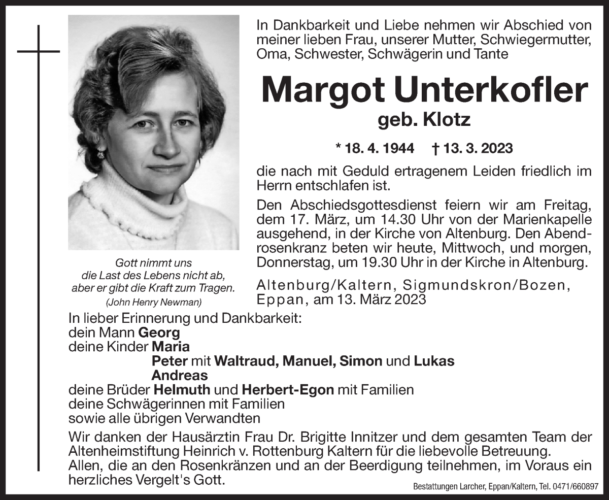  Traueranzeige für Margot Unterkofler vom 15.03.2023 aus Dolomiten