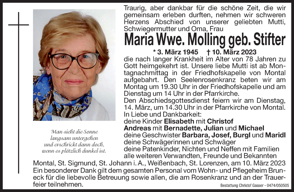  Traueranzeige für Maria Molling vom 13.03.2023 aus Dolomiten