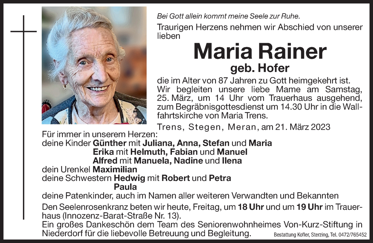  Traueranzeige für Maria Rainer vom 24.03.2023 aus Dolomiten