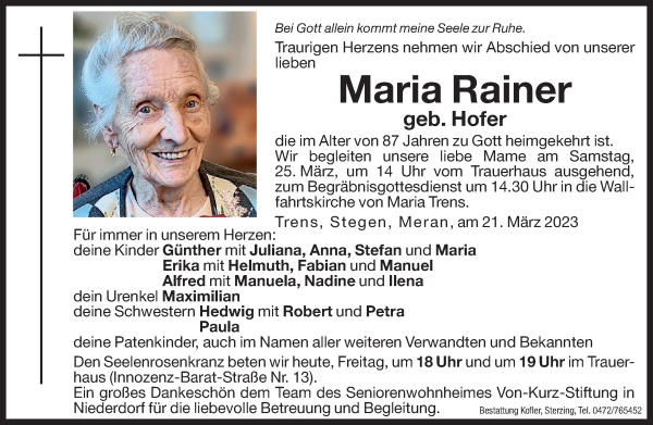 Traueranzeige von Maria Rainer von Dolomiten