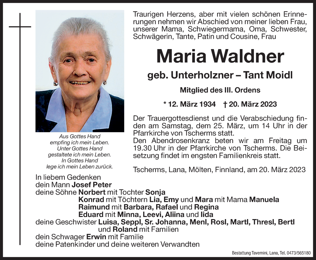  Traueranzeige für Maria Waldner vom 23.03.2023 aus Dolomiten