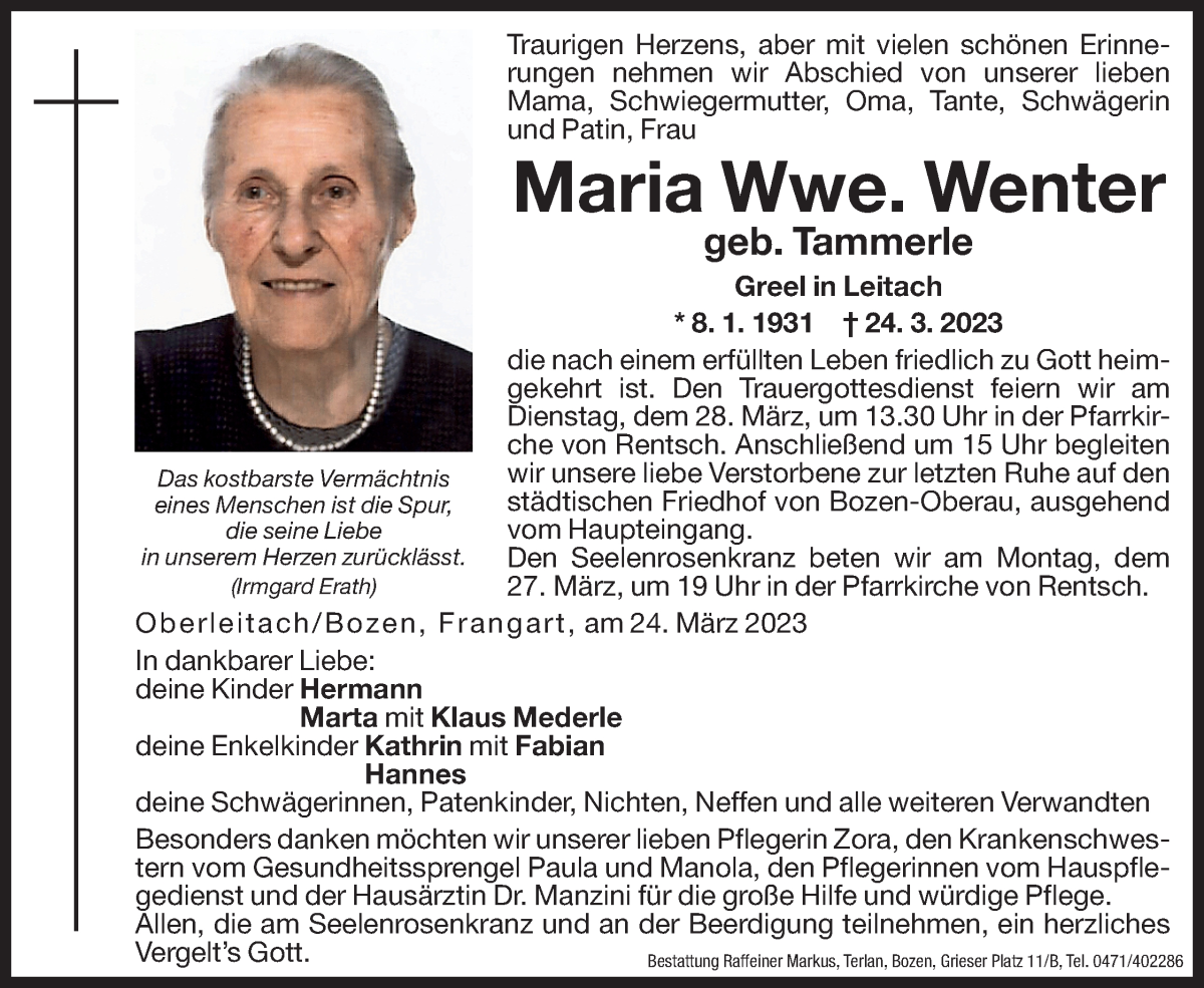  Traueranzeige für Maria Wenter vom 25.03.2023 aus Dolomiten