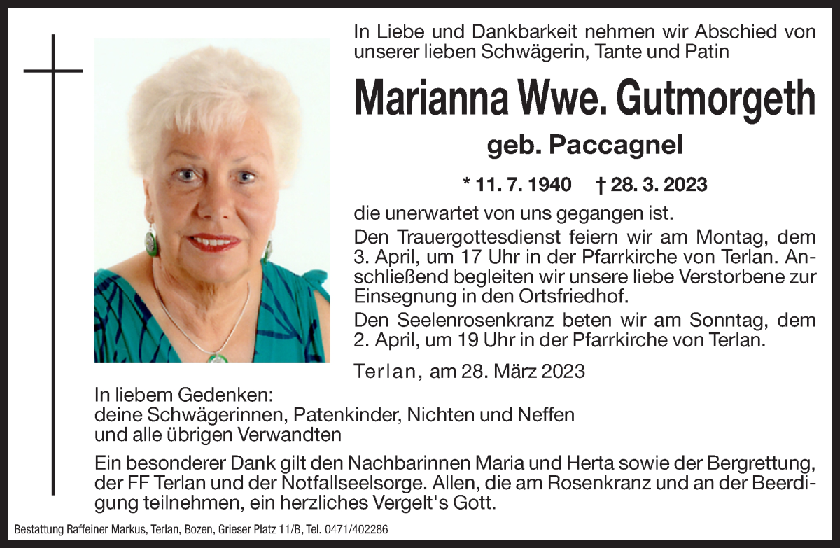  Traueranzeige für Marianna Gutmorgeth vom 31.03.2023 aus Dolomiten