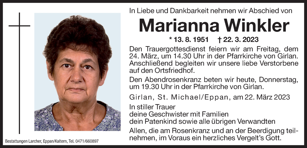  Traueranzeige für Marianna Winkler vom 23.03.2023 aus Dolomiten