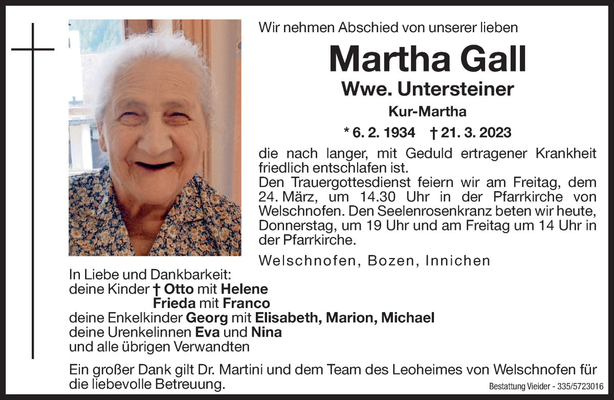  Traueranzeige für Martha Untersteiner vom 23.03.2023 aus Dolomiten