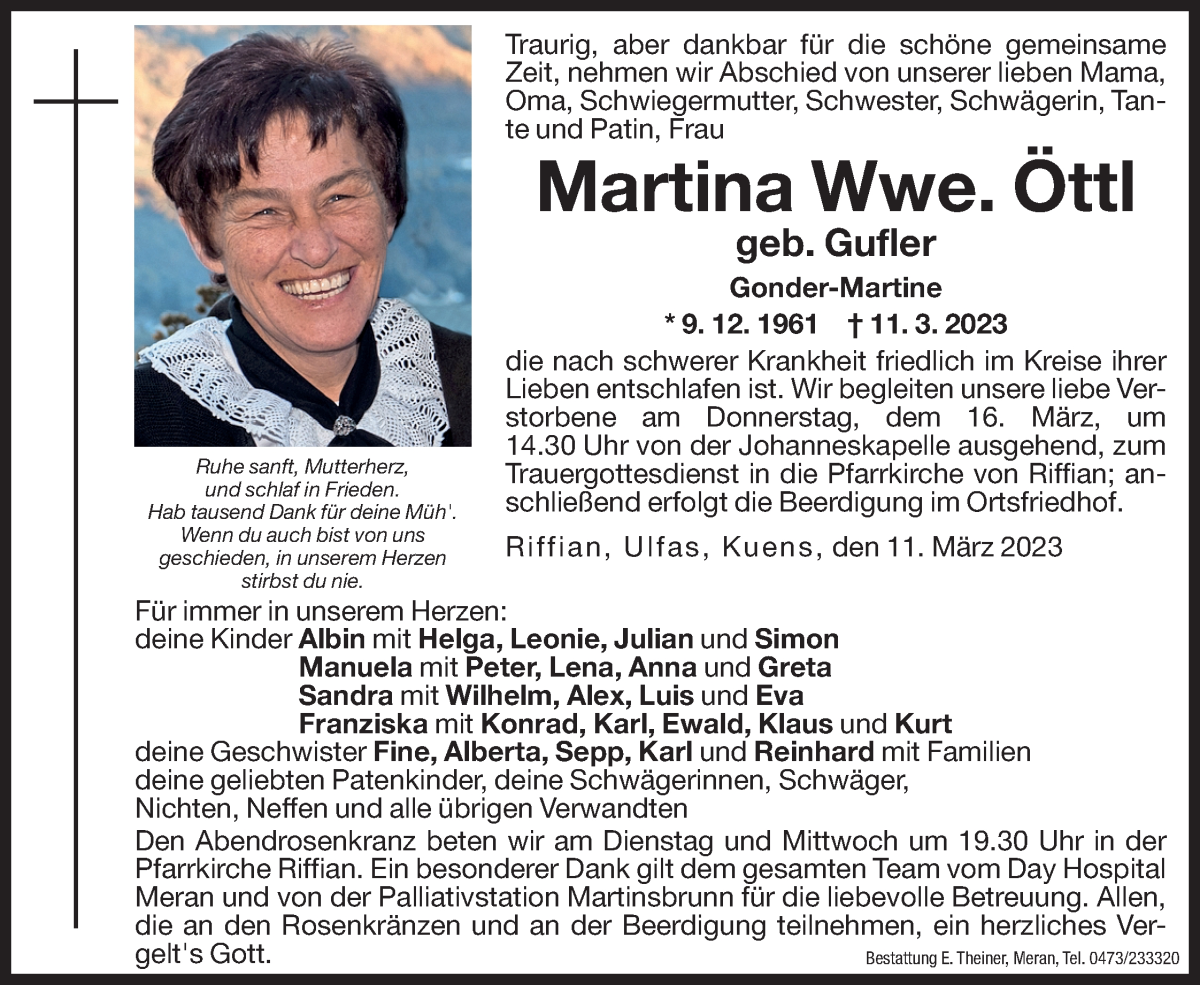  Traueranzeige für Martina Öttl vom 14.03.2023 aus Dolomiten