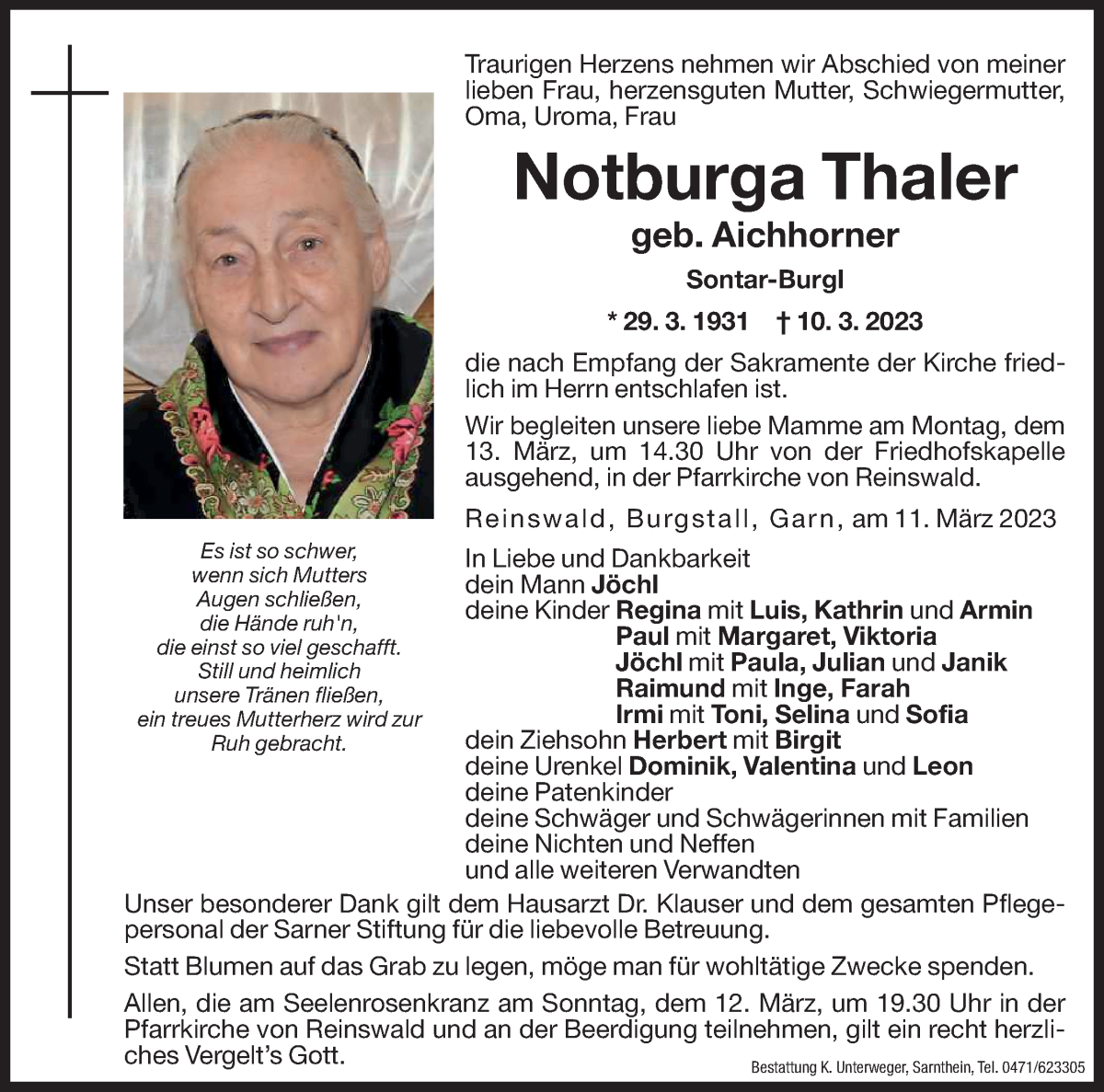  Traueranzeige für Notburga Thaler vom 11.03.2023 aus Dolomiten
