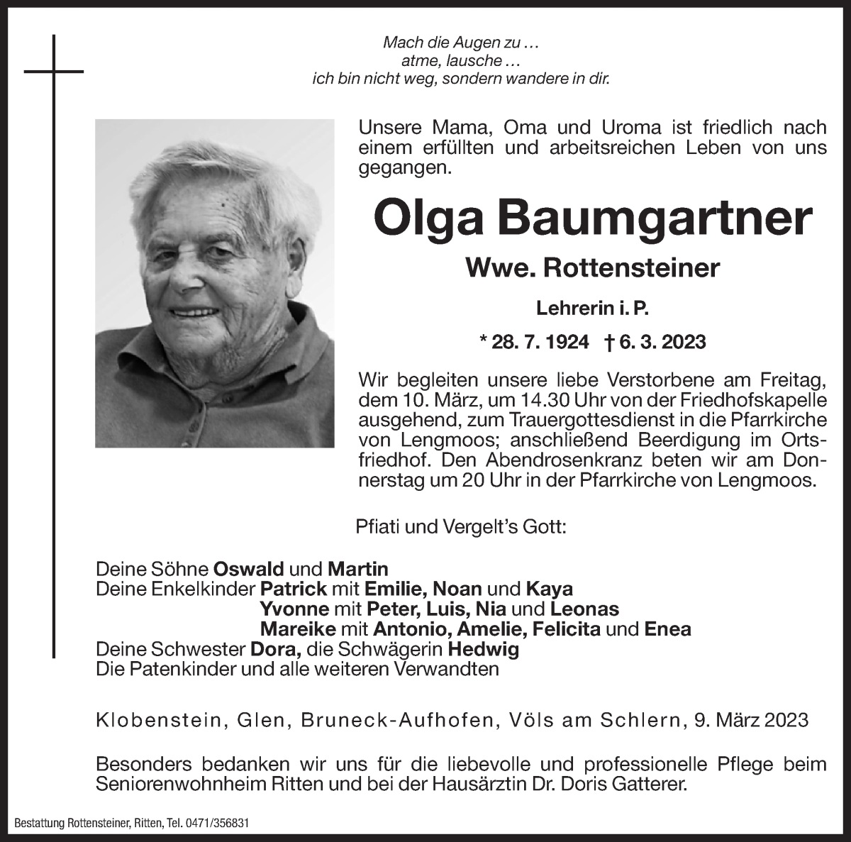  Traueranzeige für Olga Rottensteiner vom 09.03.2023 aus Dolomiten