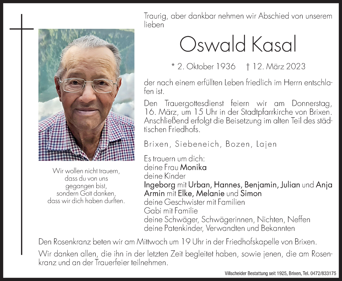  Traueranzeige für Oswald Kasal vom 14.03.2023 aus Dolomiten