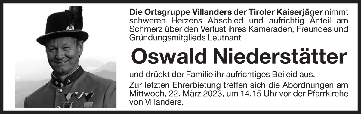  Traueranzeige für Oswald Niederstätter vom 21.03.2023 aus Dolomiten