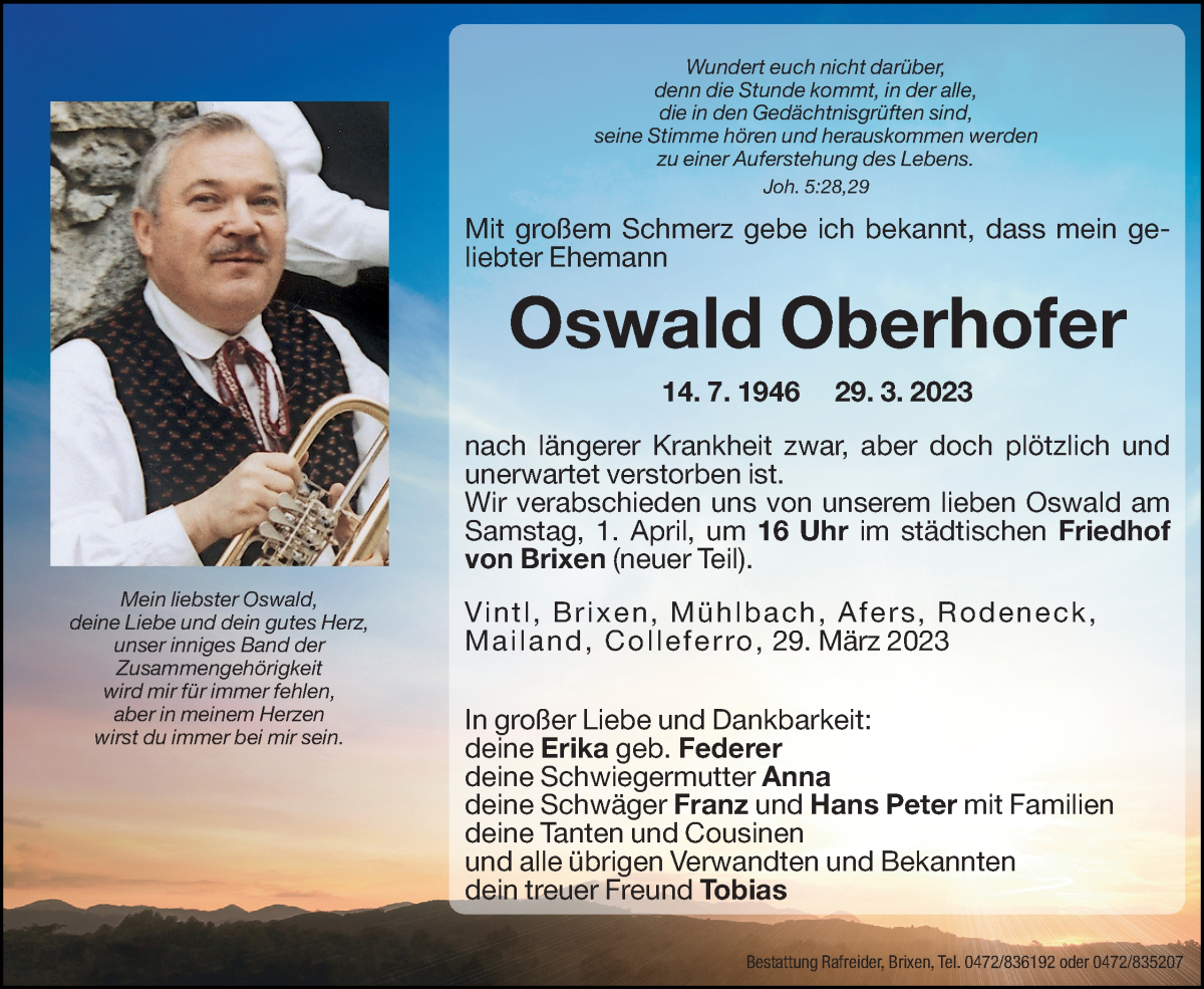  Traueranzeige für Oswald Oberhofer vom 31.03.2023 aus Dolomiten