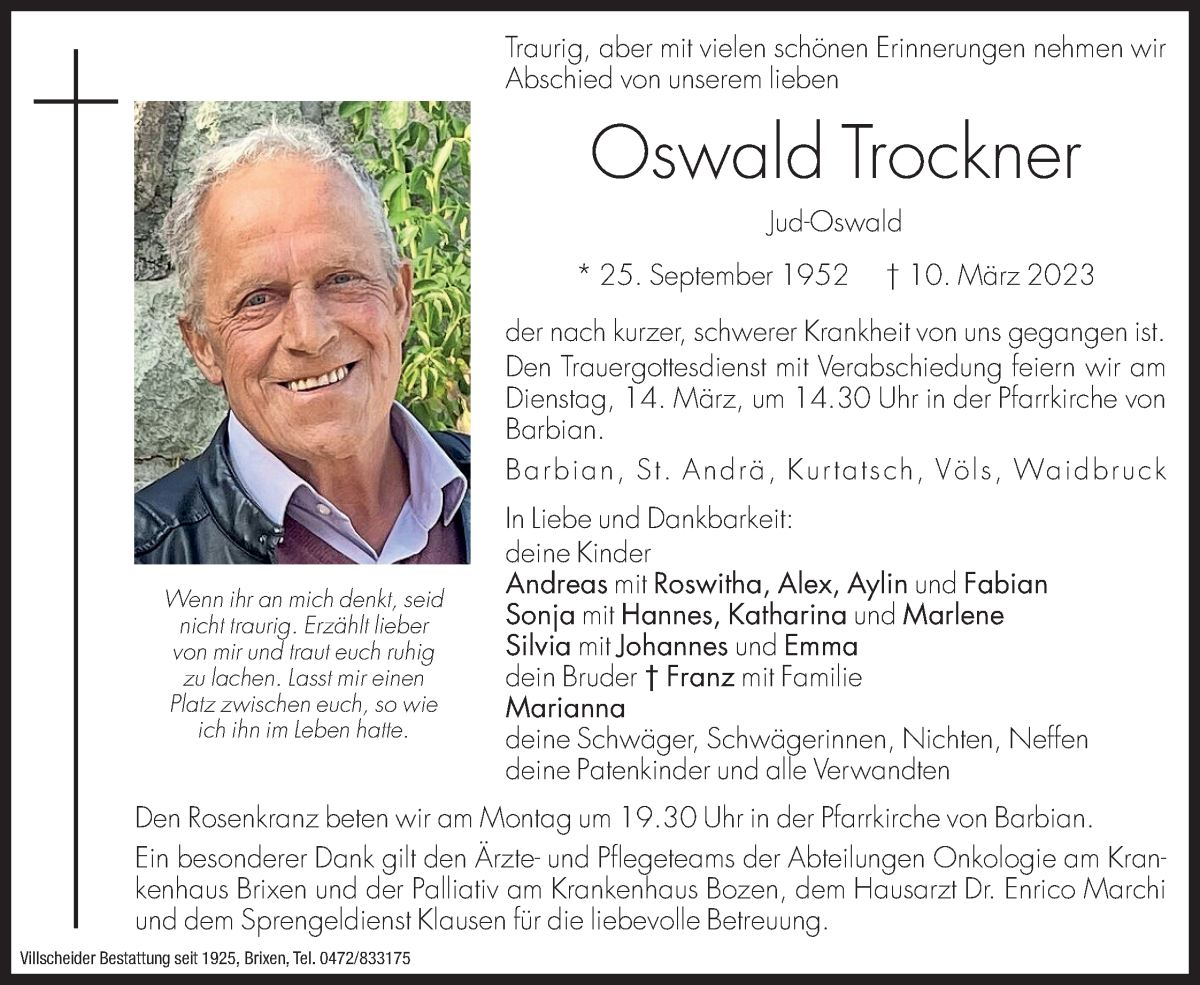  Traueranzeige für Oswald Trockner vom 13.03.2023 aus Dolomiten