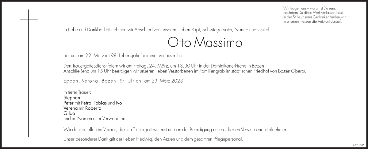  Traueranzeige für Otto Massimo vom 23.03.2023 aus Dolomiten