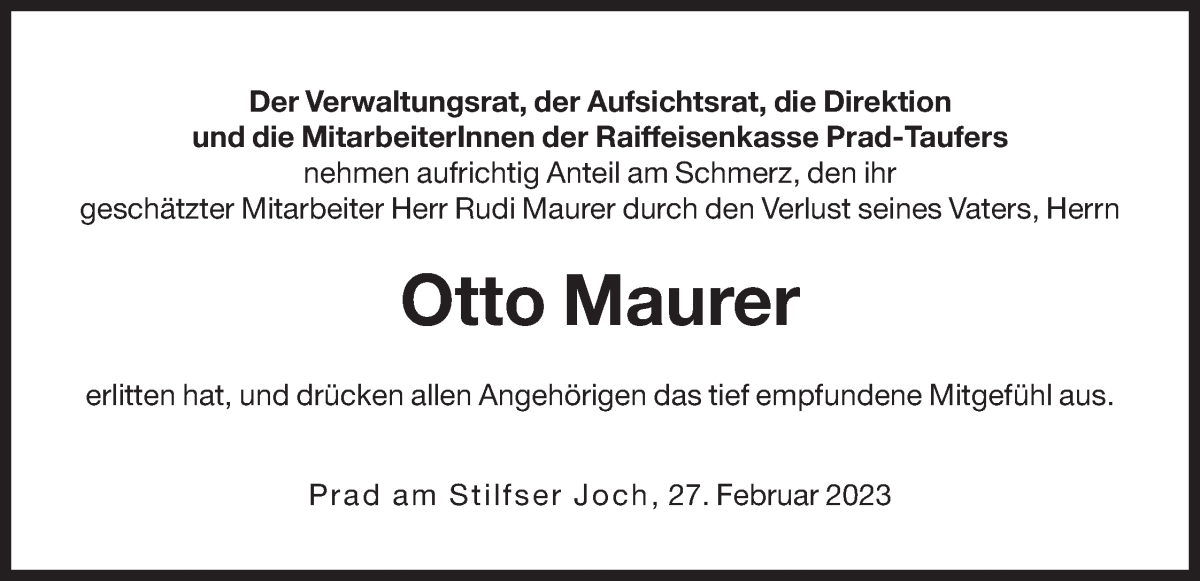  Traueranzeige für Otto Maurer vom 01.03.2023 aus Dolomiten