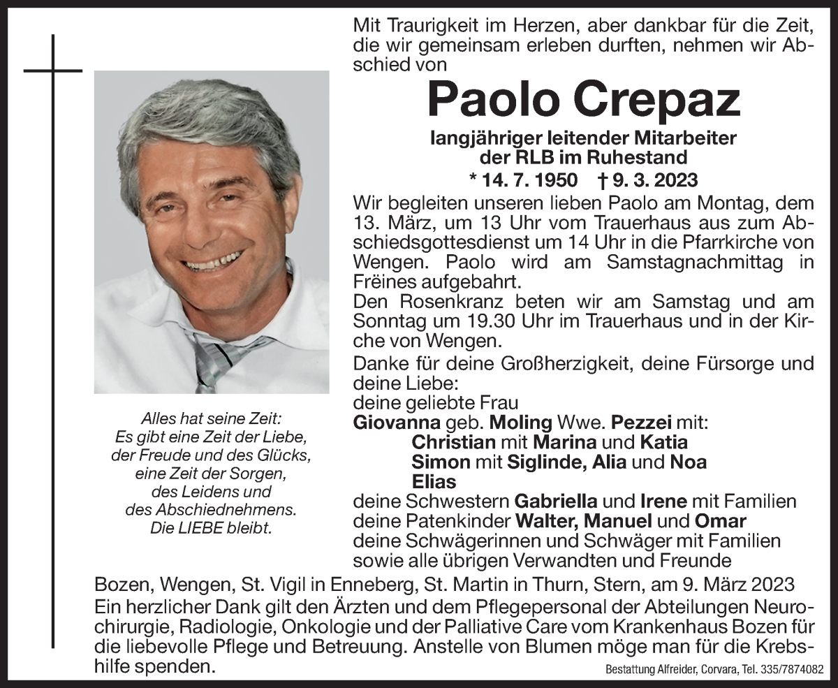  Traueranzeige für Paolo Crepaz vom 11.03.2023 aus Dolomiten