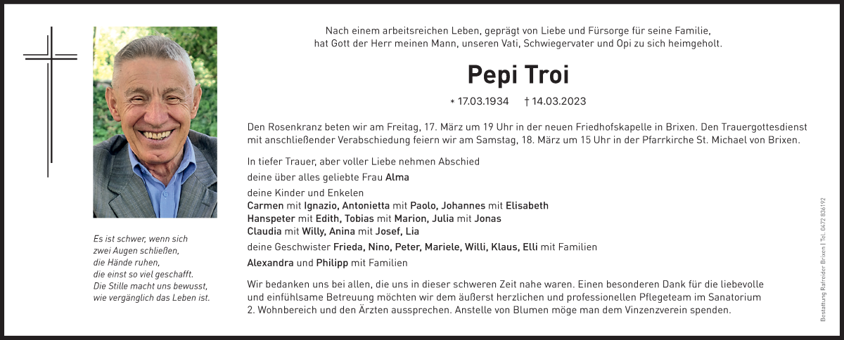  Traueranzeige für Pepi Troi vom 16.03.2023 aus Dolomiten