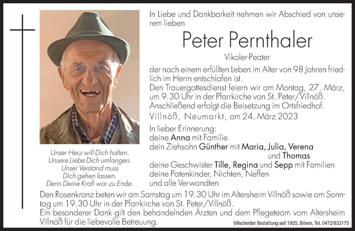  Traueranzeige für Peter Pernthaler vom 25.03.2023 aus Dolomiten