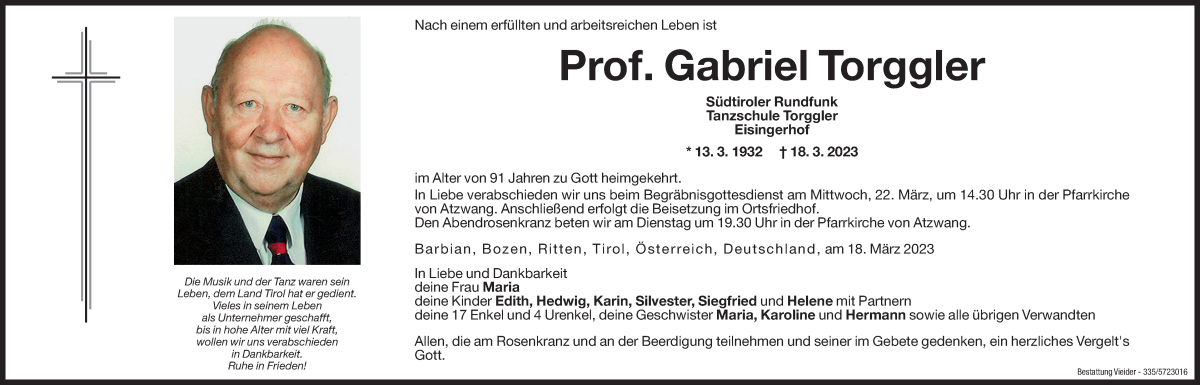  Traueranzeige für Prof. Gabriel Torggler vom 20.03.2023 aus Dolomiten