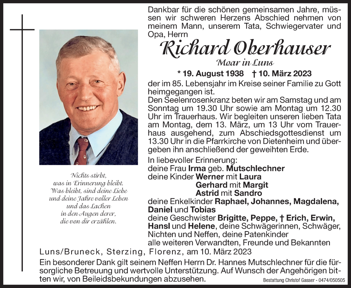  Traueranzeige für Richard Oberhauser vom 11.03.2023 aus Dolomiten