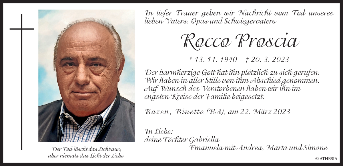  Traueranzeige für Rocco Proscia vom 24.03.2023 aus Dolomiten