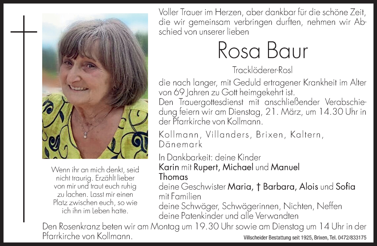  Traueranzeige für Rosa Baur vom 20.03.2023 aus Dolomiten