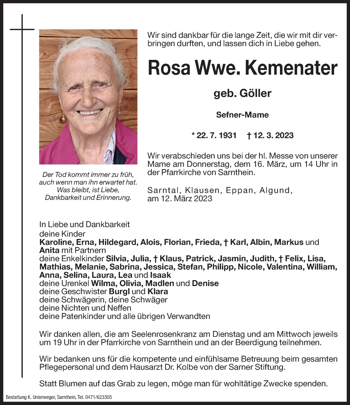  Traueranzeige für Rosa Kemenater vom 14.03.2023 aus Dolomiten