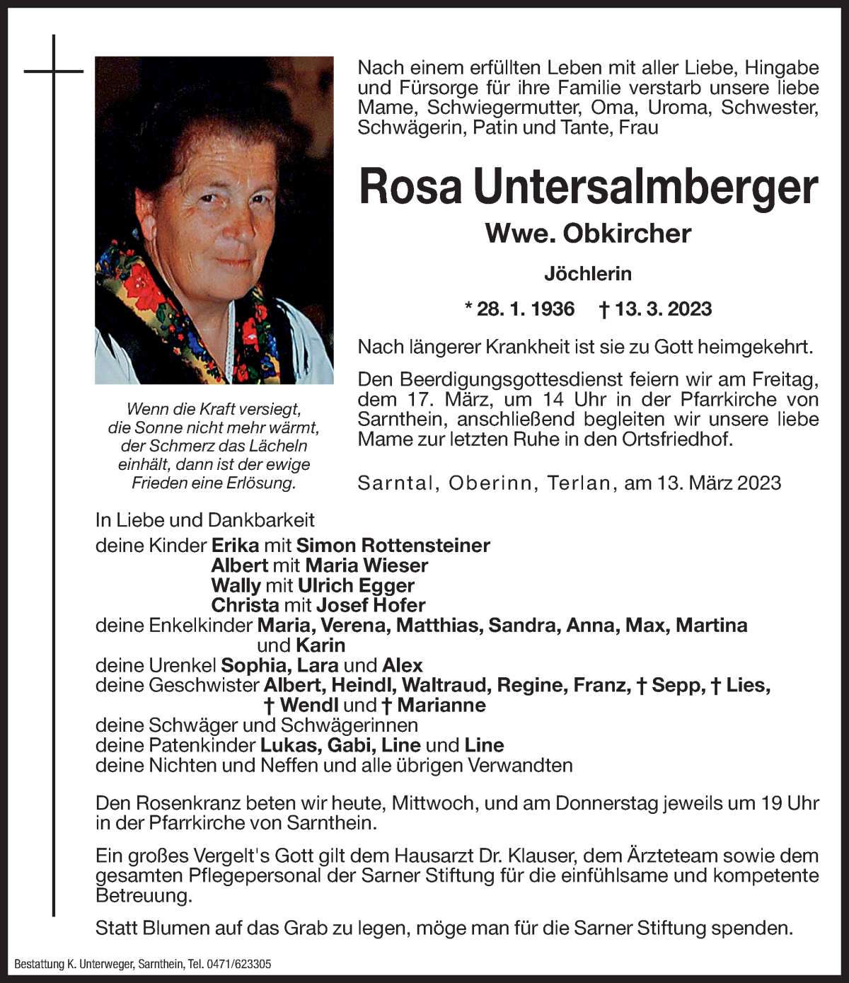  Traueranzeige für Rosa Obkircher vom 15.03.2023 aus Dolomiten