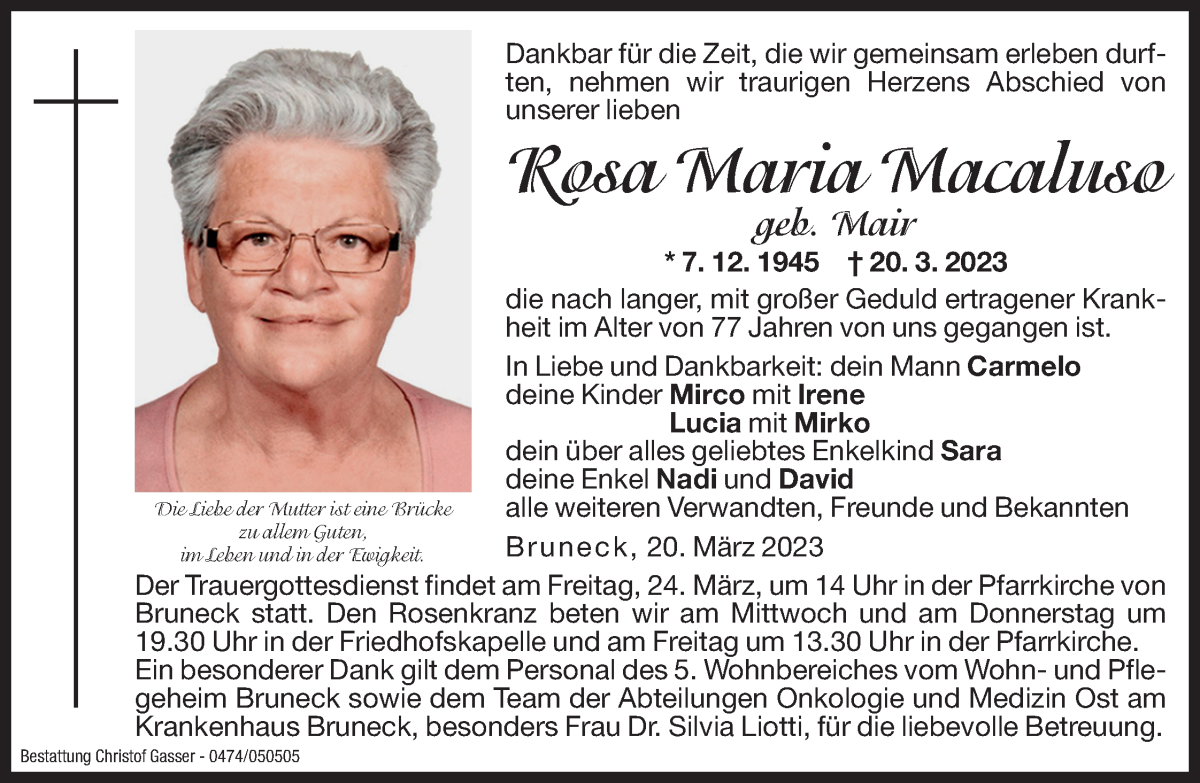  Traueranzeige für Rosa Maria Macaluso vom 22.03.2023 aus Dolomiten