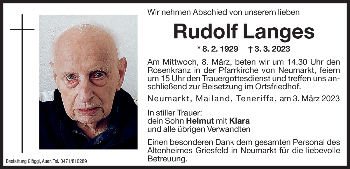  Traueranzeige für Rudolf Langes vom 07.03.2023 aus Dolomiten