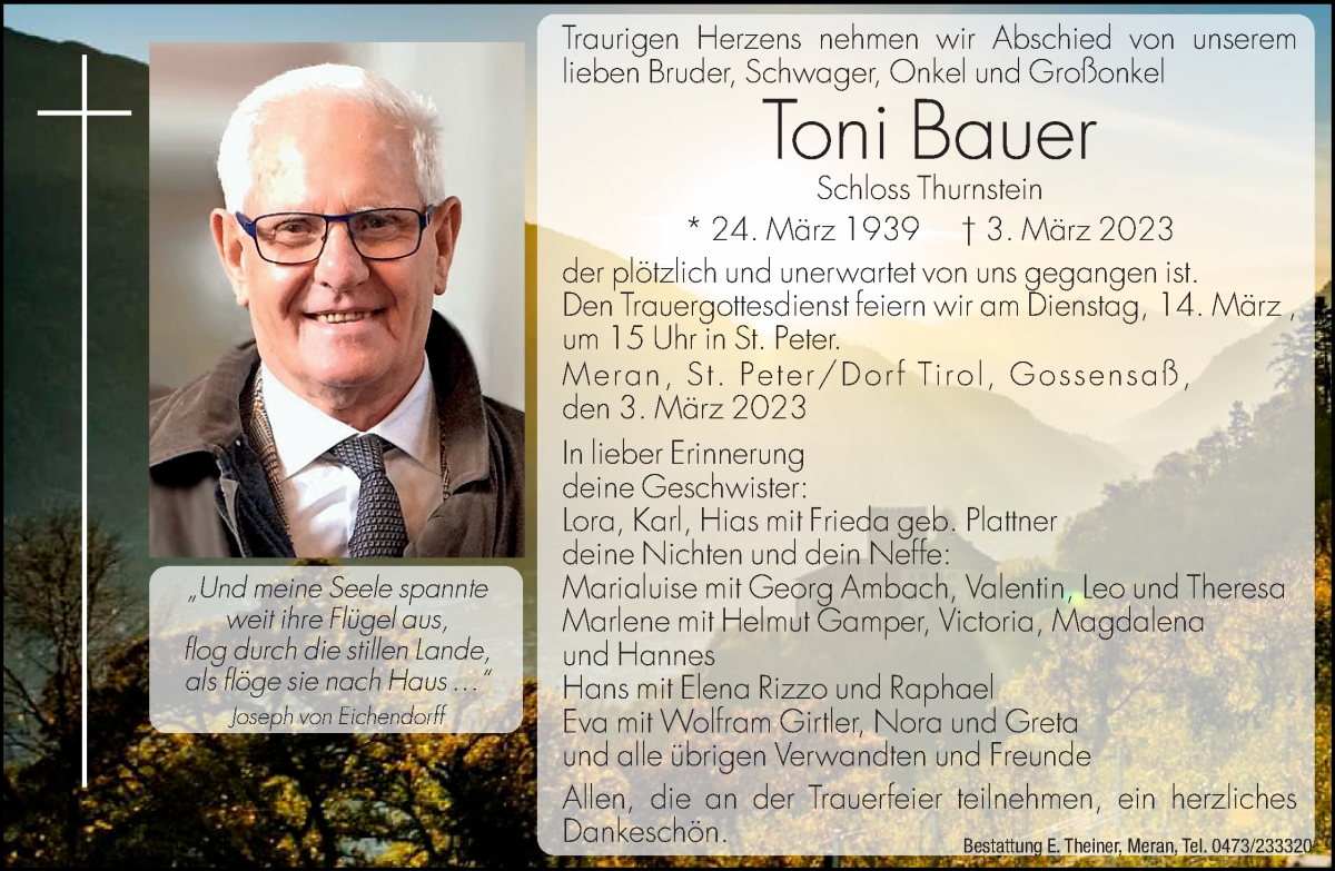  Traueranzeige für Toni Bauer vom 11.03.2023 aus Dolomiten