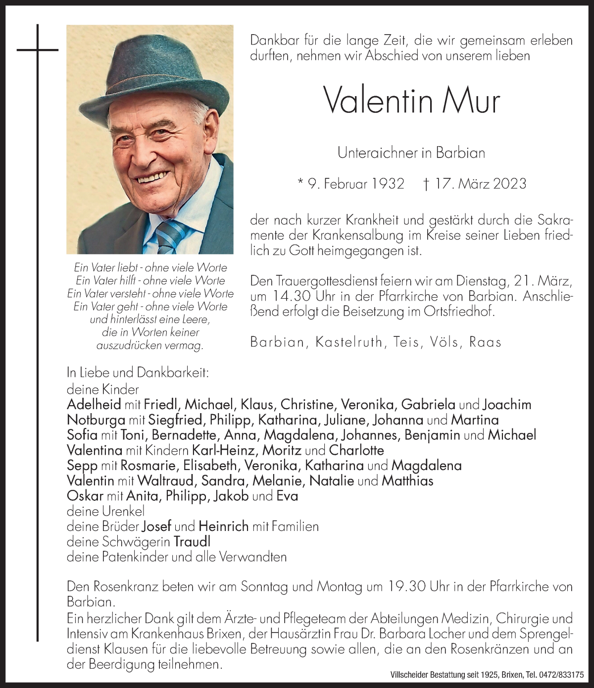  Traueranzeige für Valentin Mur vom 18.03.2023 aus Dolomiten