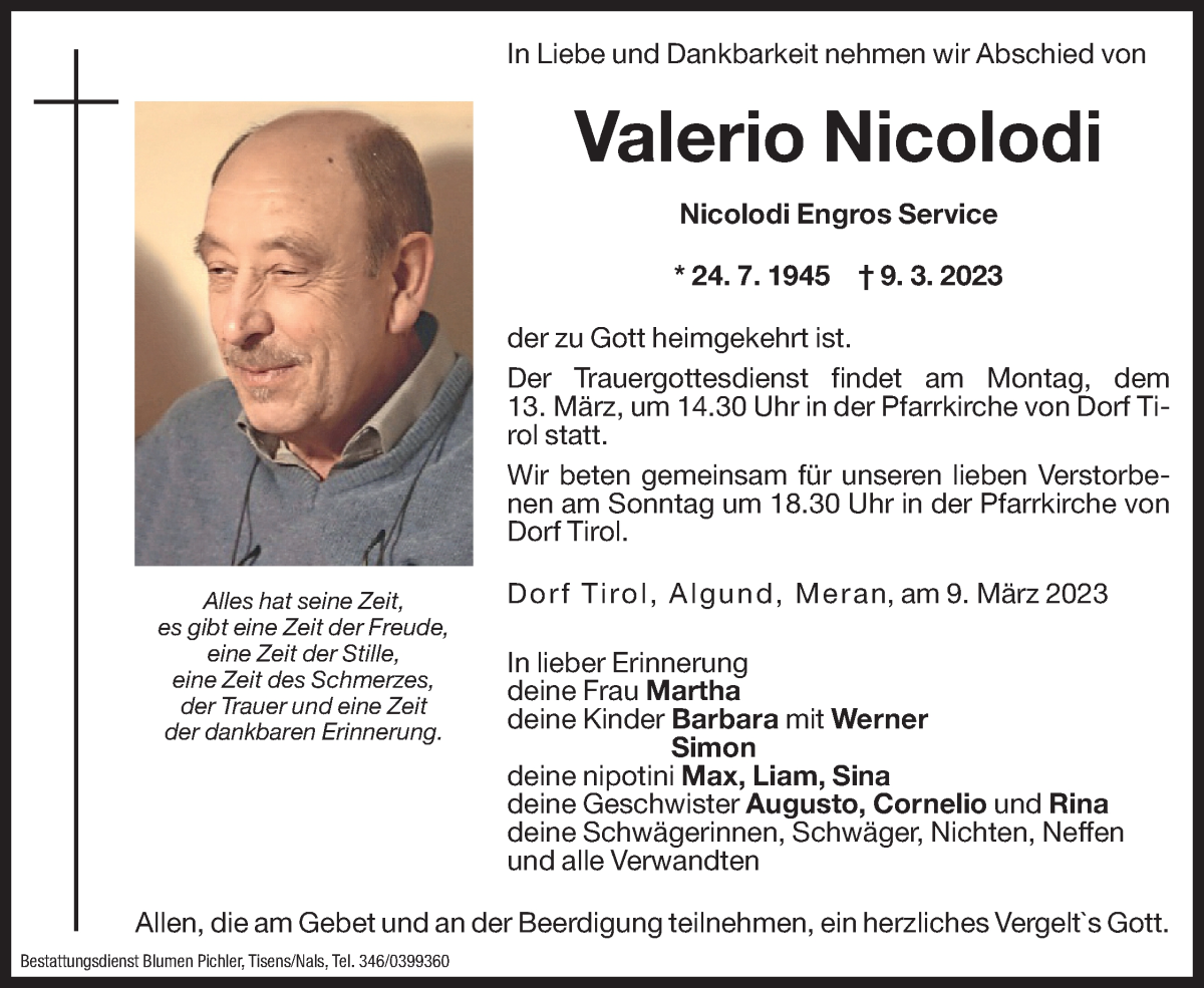  Traueranzeige für Valerio Nicolodi vom 11.03.2023 aus Dolomiten