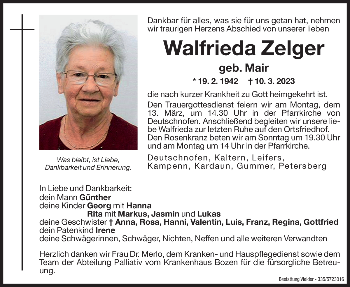 Traueranzeige für Walfrieda Zelger vom 11.03.2023 aus Dolomiten