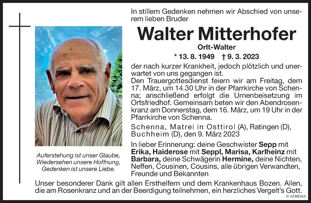  Traueranzeige für Walter Mitterhofer vom 16.03.2023 aus Dolomiten