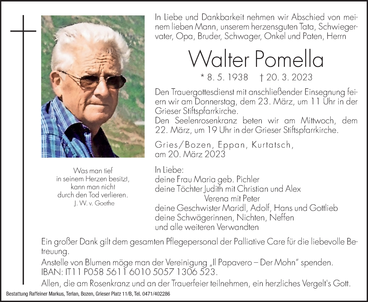  Traueranzeige für Walter Pomella vom 21.03.2023 aus Dolomiten