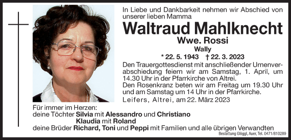 Traueranzeige von Waltraud Rossi von Dolomiten