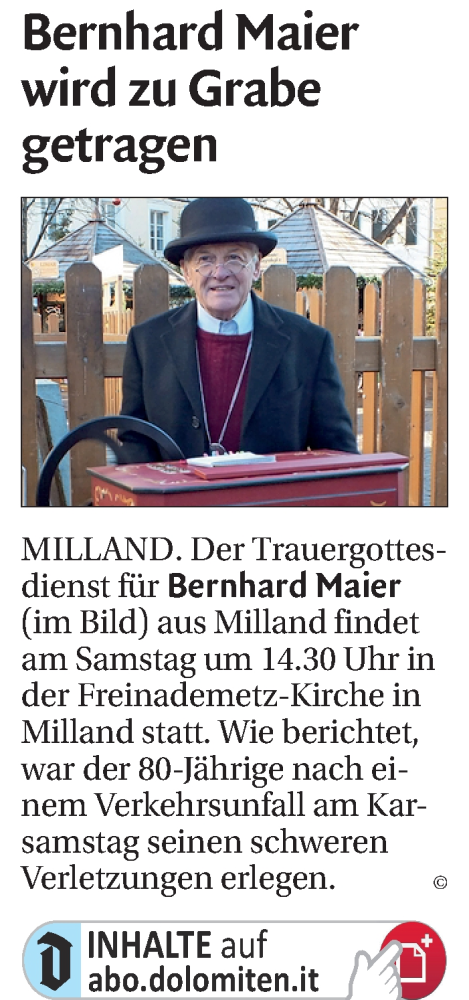 Traueranzeige von Bernhard Maier von Dolomiten