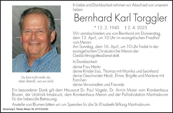 Traueranzeige von Bernhard Karl Torggler von Dolomiten