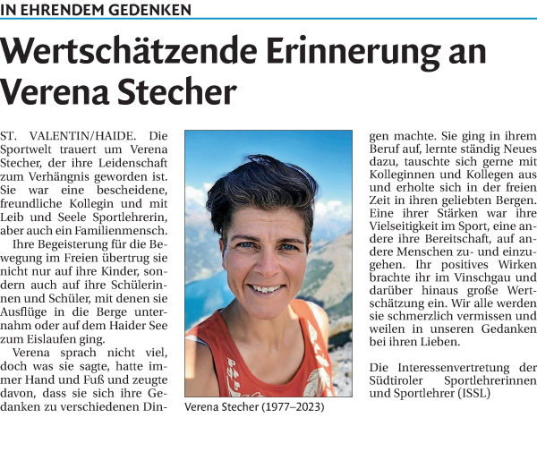 Traueranzeige von Verena Stecher von Dolomiten