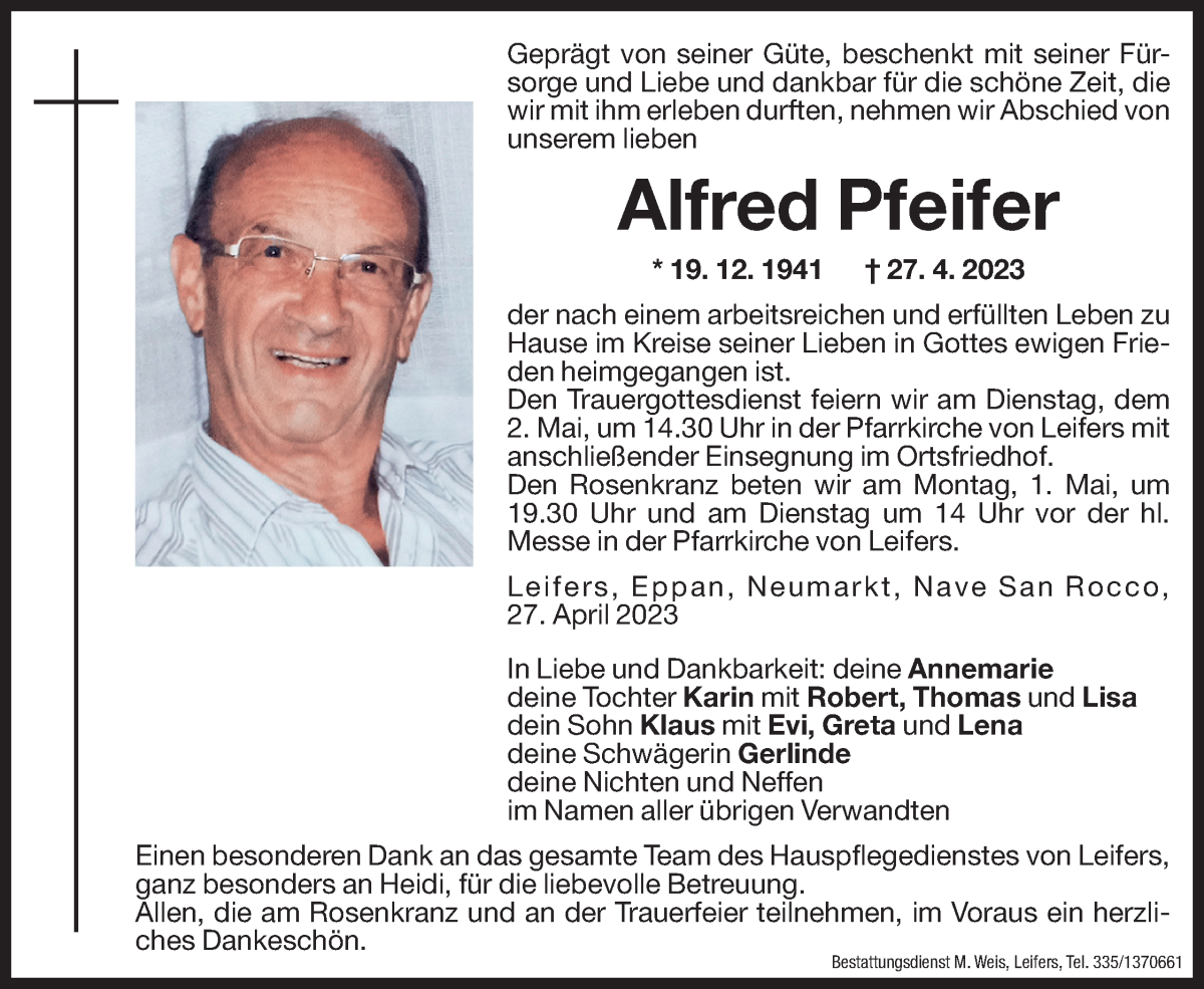  Traueranzeige für Alfred Pfeifer vom 29.04.2023 aus Dolomiten